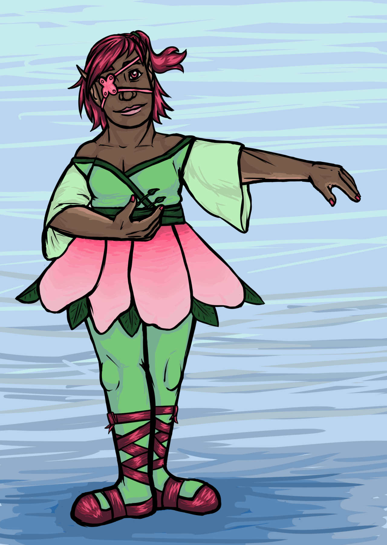 Digital illustration of a dark-skinned ballerina standing in third position. She is wearing a primarily green outfit with a pink floral skirt, as well as a pink butterfly-shaped eye patch.